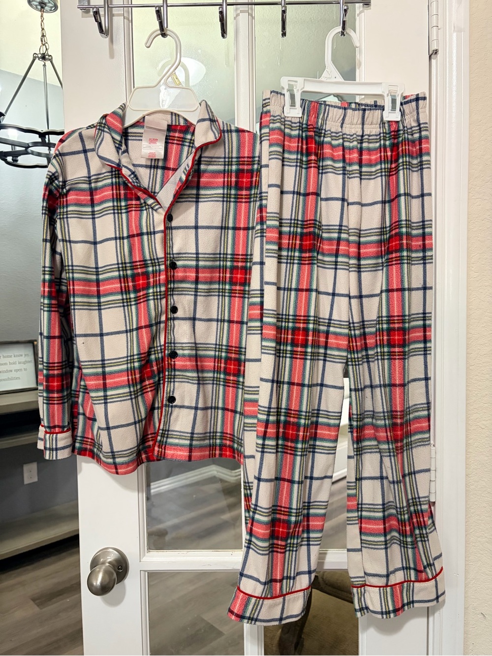 Wondershop Cream Plaid Fleece Pajama Set with Red and Green Stripes